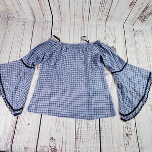 Doe & Rae Flare Sleeve Top Womens Large Blue Plaid Short Off The Shoulder Boho